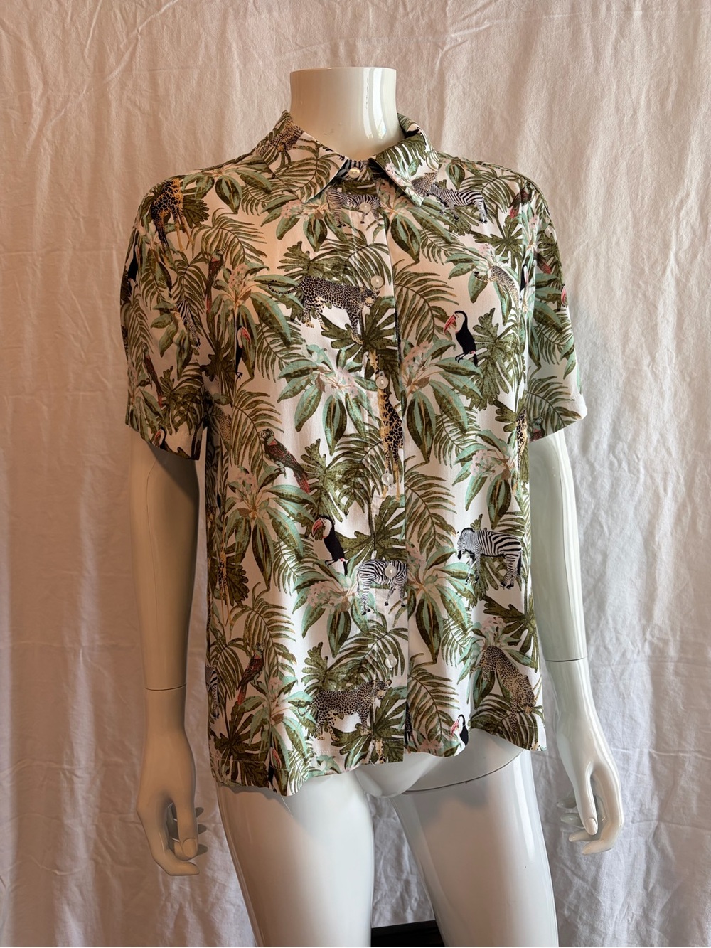 Jane and Delancey Tropical Animal Print Button-Down Shirt - Green, White, Black